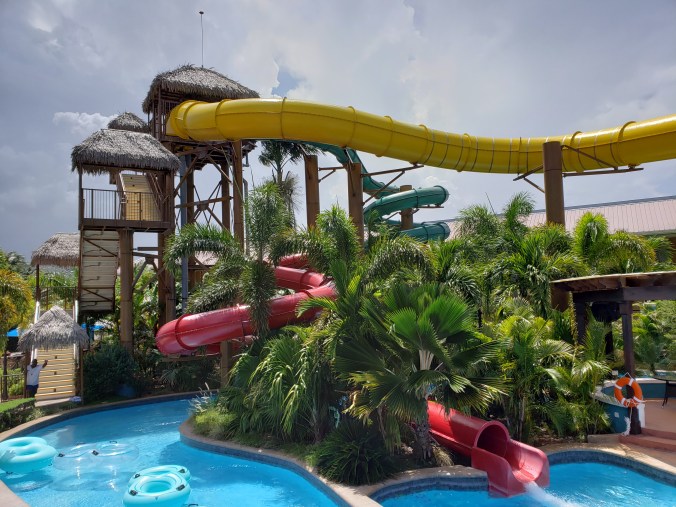 Slides and the lazy river zigzag the waterpark area at Jewel Runaway Bay